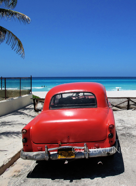 Vintage car parked at the beach Varadero Cuba
